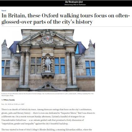 The story image shows a stone statue of Cecil Rhodes at the top of an ornate building. The headline says 