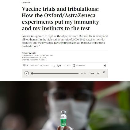 The story image shows a researcher holding up a small vaccine vile. The headline says 